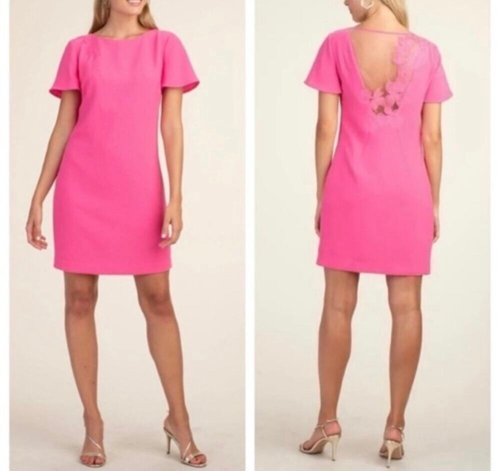 Share NWT TRINA TURK Sheath Short Sleeve Sheer Lace Floral Back Pink Dress | 6